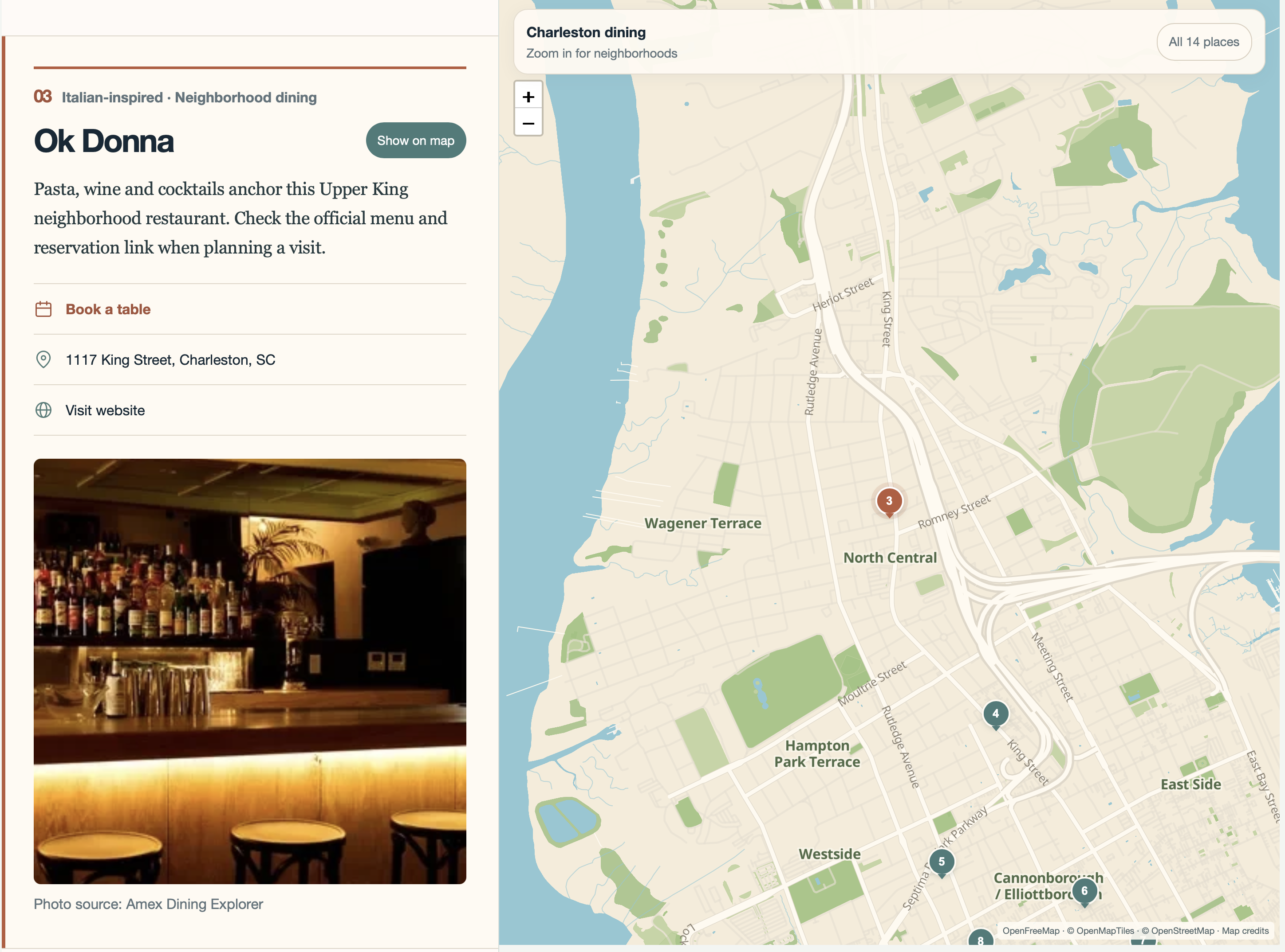 Desktop dining guide with the selected Ok Donna entry beside its Charleston map pin