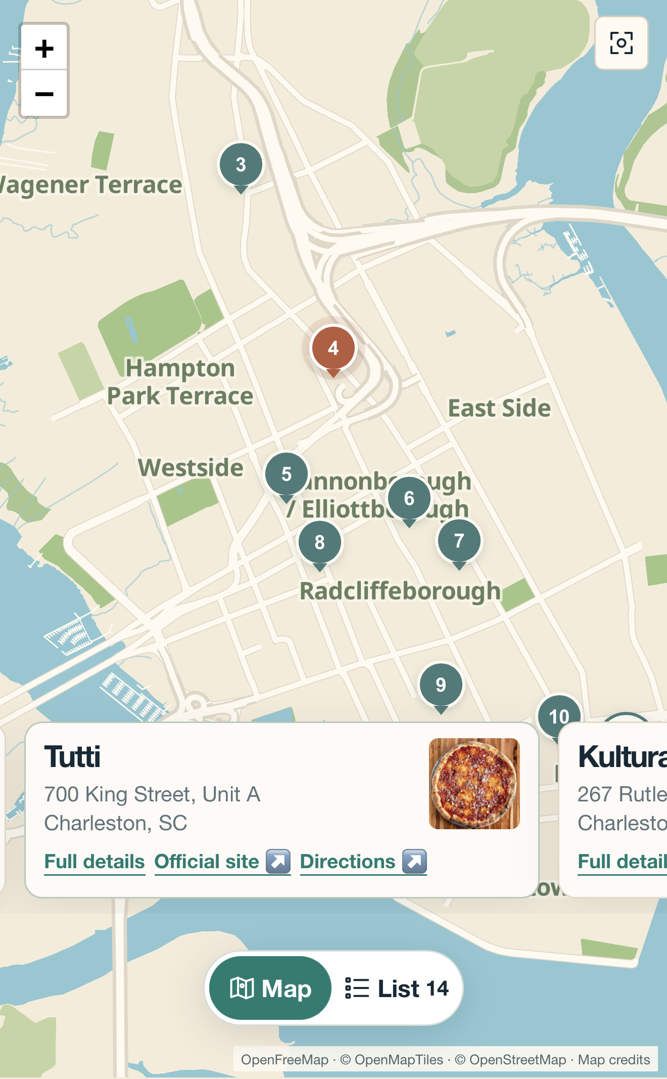 Phone map showing restaurant pins, a place card, and the Map and List controls